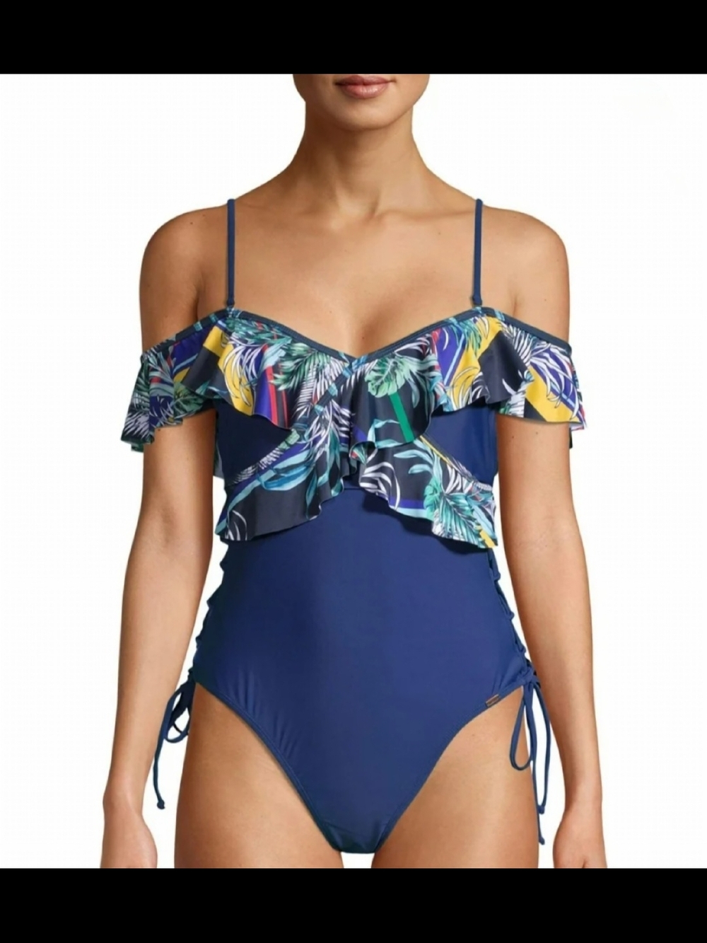 XOXO Navy Tropical Ruffle One-Piece Swimsuit-nwot